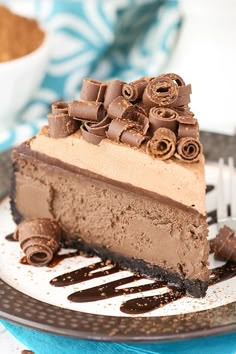 a slice of chocolate cheesecake on a plate