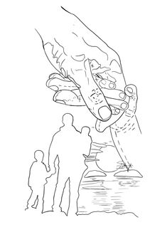 a drawing of a person holding something in their hand while standing next to another person