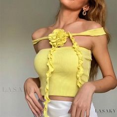 Lasaky - Fashionable and Elegant 3D Flower Necktie Halter Tank Top Strapless Tank Top, Tøp Aesthetic, Vest Crop Top, Strapless Crop Top, Halter Tank Top, Floral Ribbon, French Floral, Halter Tank, Summer Crop Tops