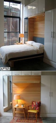 before and after shots of a bedroom with built in storage space, the bed is made up