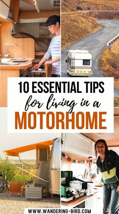 the inside of an rv with text overlay reading 10 essential tips for living in a motorhome