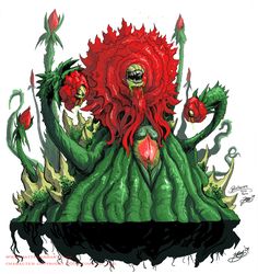 an image of a strange creature with red hair and green eyes sitting on top of a giant plant