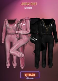 three women's jumpsuits in various colors and sizes, with the words juicy suit on them