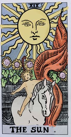 the sun tarot card with an image of a woman on a horse and flowers