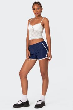 Kallie Lacey Track Shorts – edikted Sporty Short Jean Shorts For Summer, Sporty Jean Shorts For Summer, Sporty Summer Jean Shorts, Visionary Fashion, Sporty Spice, Track Shorts, Active Shorts, Lace Tank Top, Lace Tank