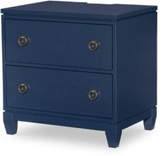 a blue nightstand with two drawers and gold handles on the bottom, against a white background