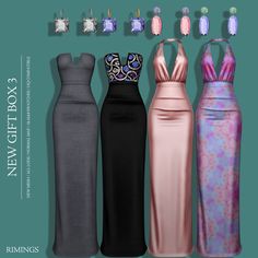 four dresses are shown in different colors