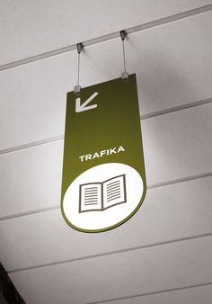 there is a sign that says trafika hanging from the ceiling