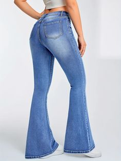 In the hustle and bustle of urban streets, where style meets attitude, dare to stand out with our Preppy High Waist Flare Leg jeans in Washed Blue. Picture yourself striding confidently in these long-length jeans crafted from a comfortable cotton blend with a hint of spandex. Originating from the trendsetting world of streetwear, these jeans boast a solid washed pattern that exudes a rebellious charm. The flare leg design combined with a high waistline creates a flattering silhouette that scream Cheap High-rise Denim Blue Flare Jeans, Distressed High-rise Blue Flare Jeans, Distressed Denim Blue Full-length Flare Jeans, Preppy Chic Style, Stretch Denim Full-length Flares, Stretch Full-length Elastane Flare Jeans, Preppy Chic, High Waisted Flares, Flare Leg Jeans