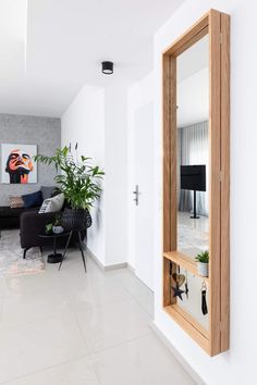 a living room filled with furniture and a large mirror on the wall next to a couch