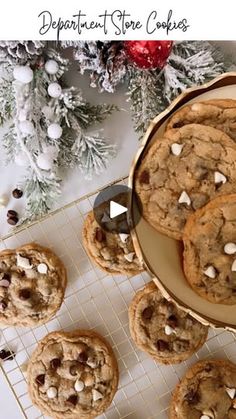 chocolate chip cookies on a cooling rack with christmas decorations in the background and text overlay that reads, department store cookies