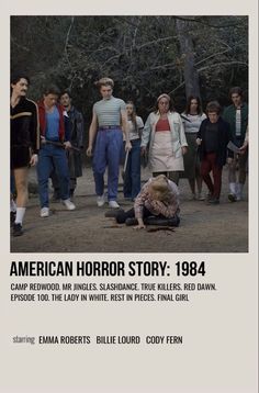 the american horror story 1994 poster with an image of a woman kneeling down in front of a group of people