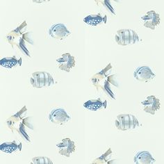 blue and white wallpaper with fish on it