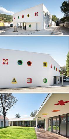 three different views of the outside of a white building with colorful windows and shapes on it