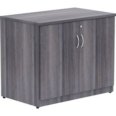 an office cabinet with two doors on one side and three drawers on the other end