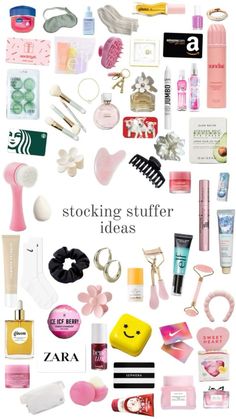 a poster with lots of different items and the words stocking stuff ideas on it