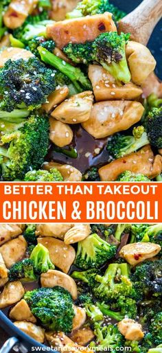 chicken and broccoli stir fry in a skillet with the words, better than takeout chicken & broccoli