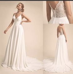 the back of a wedding dress with straps and beading on it, in three different views