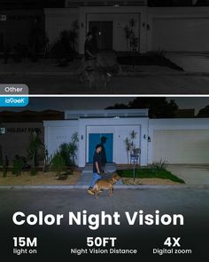 two images show the same person walking their dog at night and in front of a house