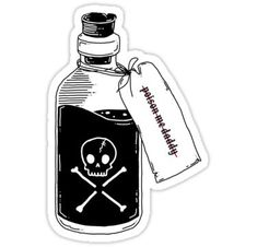 a bottle with a skull and crossbones on it next to a paper bag