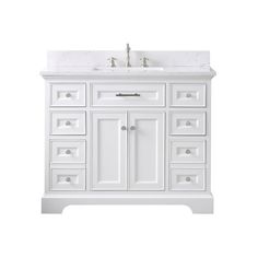 a white bathroom vanity with two sinks and drawers on the top, in front of a white background