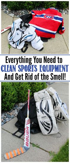 there are two pictures with the words everything you need to clean sports equipment and get rid of the smell