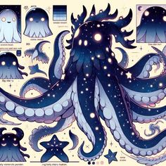 an octopus is surrounded by other squids and stars in the night sky, as well as its tentacles