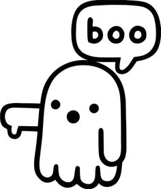 a black and white drawing of a ghost with a speech bubble