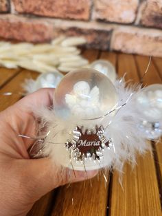 a hand holding a glass ball with feathers on it