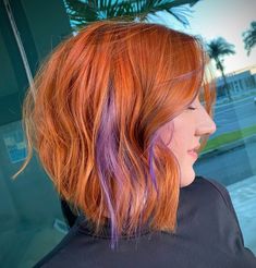 Few Strands Of Hair Dyed, Copper And Purple Balayage, Copper Hair With Purple Peekaboos, Peekaboo Color Block Hair, Copper Hair With Peekaboo Color, Copper Purple Hair, Short Hair With Colored Highlights, Purple And Copper Hair, Purple Hair Peekaboo