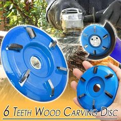 a person is holding two blue discs in front of a horse's head and the words, 6 teeth wood carving disc