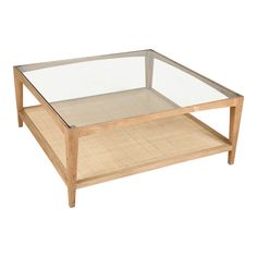 a coffee table with glass top and wooden frame on the bottom, against a white background