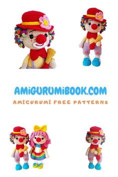 four amigurum clowns are shown with the text'amigurum free patterns '