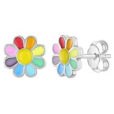 These eye catching multicolored floral earrings make a statement with any outfit your little girl is obsessed with. Beautifully designed with the assorted rainbow enamel colors within each petal of the flower, and crafted from the finest 925 sterling silver, these flower earrings will definitely become your little girls favorite pair. A complimentary gift box is included with your purchase. Kids Studs, Teen Necklaces, Rainbow Daisy, Teen Earrings, Daisy Pendant, Teen Jewelry, Baby Earrings, Daisy Necklace, Nickel Free Earrings