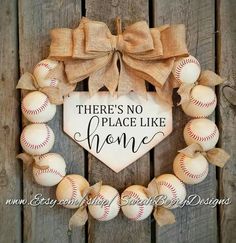 there's no place like home wreath with baseballs and burluck bow