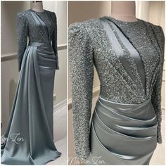 Dress Silver Hijab, Long Gown Elegant Classy, Long Gown Ideas, Elegant Silk Dresses, Detail Couture, Gown Ideas, Fashion Dresses Formal, Long Gowns, Classy Wedding Dress