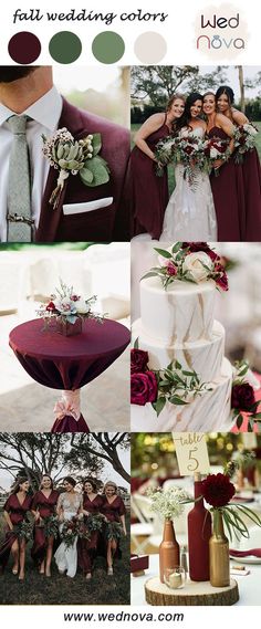 wedding color palettes for the bride and groom in burgundy, green, gold, and white