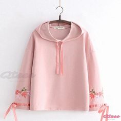 Qteee - Premium Leaves Embroidered Loose Hoodie with Ribbon Detailing Spring Long Sleeve Sweater With Drawstring Hood, Spring Crew Neck Sweater With Drawstring Hood, Spring Hooded Sweater With Drawstring Hood, Pink Long Sleeve Hoodie For Spring, Spring Pink Long Sleeve Hoodie, Spring Cotton Hoodie, Casual Spring Hoodie Sweater, Embroidered Long Sleeve Sweatshirt For Spring, Pink Embroidered Hoodie For Fall