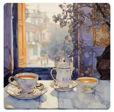 a painting of tea cups and saucers on a table with a window in the background