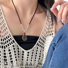 Color: Red Rope Necklace, Black Rope Necklace Fashion Element: Auspicious Pattern Style: New Chinese Style Casual Black Clavicle Chain Necklace, Black Casual Necklace With Adjustable Cord, Casual Black Necklace With Adjustable Cord, Black Rope Necklace, Red Rope, Black Rope, New Chinese Style, Necklace Fashion, Rope Necklace