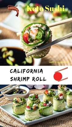 an advertisement for the california shrimp roll with chopsticks in it and other food items