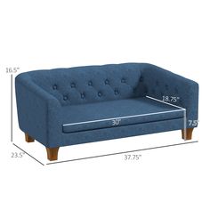 a blue couch with measurements for it