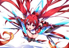 an anime character with red hair and blue eyes flying through the air in front of white background