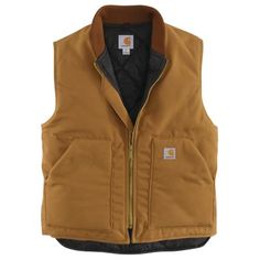 This Carhartt Men's V01 Relaxed Fit Firm Duck Rib Collar Insulated Vest is built with Carhartt's most durable cotton duck. The water-repellent, wind-resistant vest has arctic-weight insulation to keep you warm in frigid conditions. The droptail hem gives the vest added coverage, and the Carhartt branding adds authentic style. 12 oz., firm-hand, 100% ring-spun cotton duck vest Nylon lining quilted to arctic-weight-polyester insulation Brass center-front zipper with inside storm flap Inside pocket Carhartt Vest Outfit, Carhartt Vest, Hunting Room, Men Bodies, Collar Vest, Carhartt Mens, Vest Outfits, Mens Vest, Work Shirts