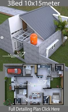 an aerial view of a three bedroom house with 3 bathrooms and 2 car garages