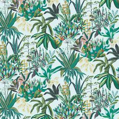 a green and yellow floral wallpaper with lots of leaves