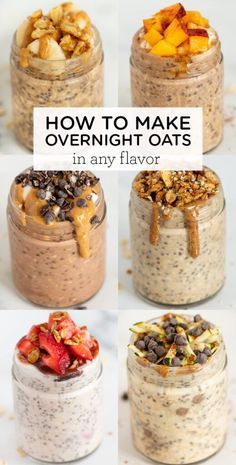 four jars filled with overnight oatmeal sitting on top of a counter