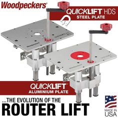 two routers are shown with the words, quicklift and aluminum plate