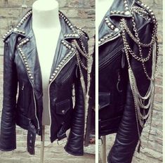 Diy Leather Jacket, Upcycled Leather Jacket, Spiked Leather Jacket, Alt Clothes, Custom Leather Jackets, Studded Leather Jacket, Interesting Outfits, Battle Jacket, Diy Jacket