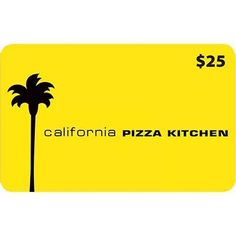 a $ 25 california pizza kitchen gift card with a palm tree on the front and yellow background